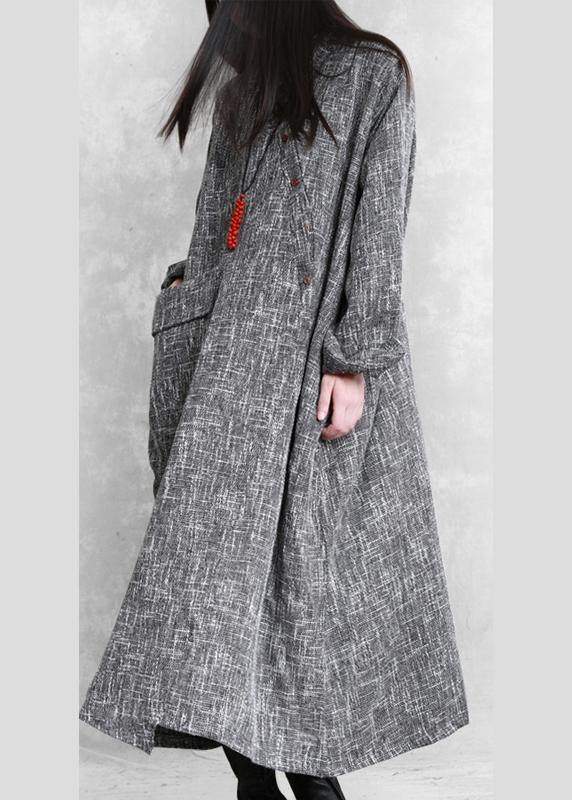 Diy Stand Collar Asymmetric Linen Dresses Pattern Gray Plaid Dress