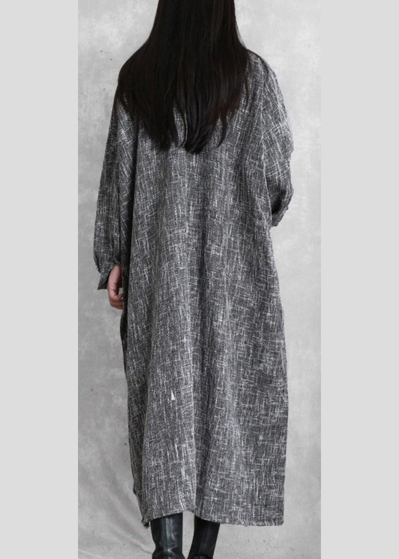 Diy Stand Collar Asymmetric Linen Dresses Pattern Gray Plaid Dress