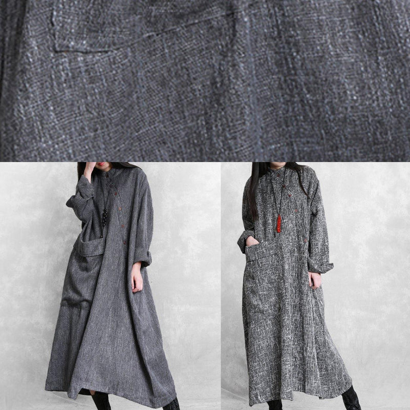 Diy Stand Collar Asymmetric Linen Dresses Pattern Gray Plaid Dress