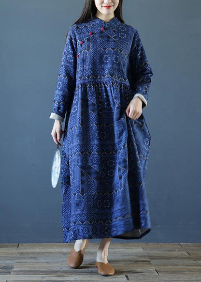 Diy Stand Collar Cinched Fall Dresses Outfits Blue Print Long Dresses