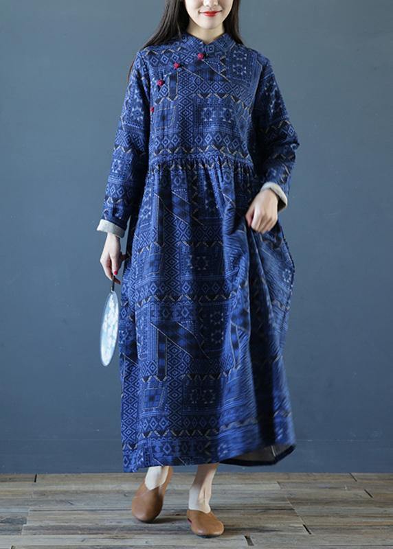 Diy Stand Collar Cinched Fall Dresses Outfits Blue Print Long Dresses