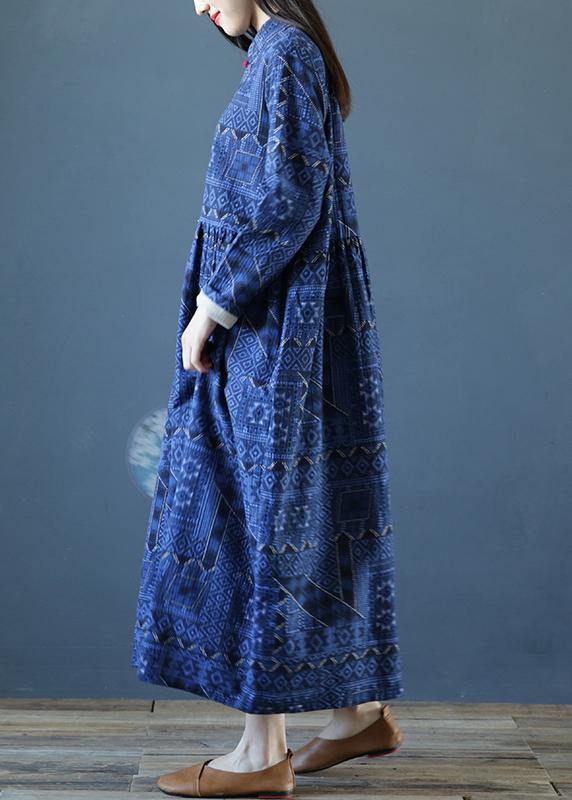 Diy Stand Collar Cinched Fall Dresses Outfits Blue Print Long Dresses