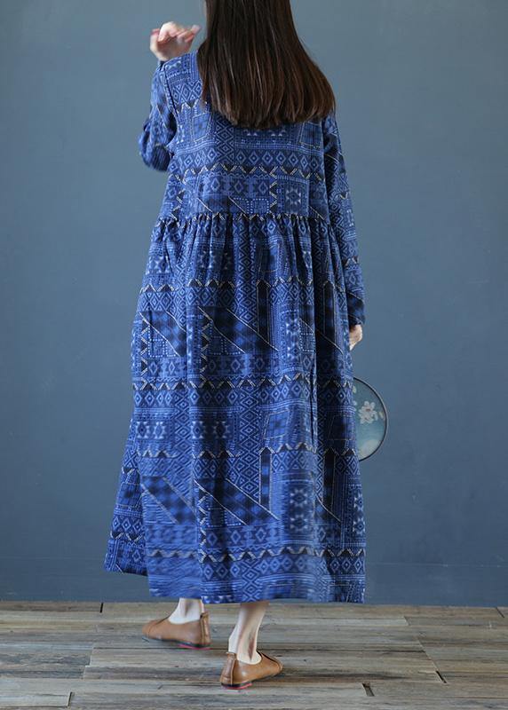 Diy Stand Collar Cinched Fall Dresses Outfits Blue Print Long Dresses