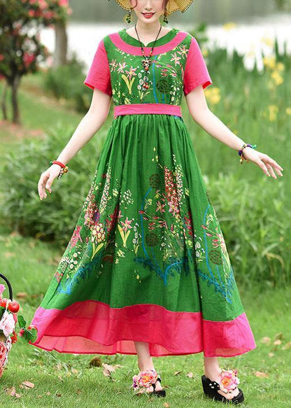 Diy Tie Waist Patchwork Cotton Quilting Dresses Runway Green Print Kaftan Dress Summer