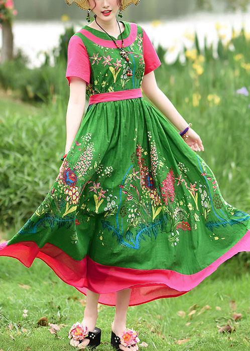 Diy Tie Waist Patchwork Cotton Quilting Dresses Runway Green Print Kaftan Dress Summer