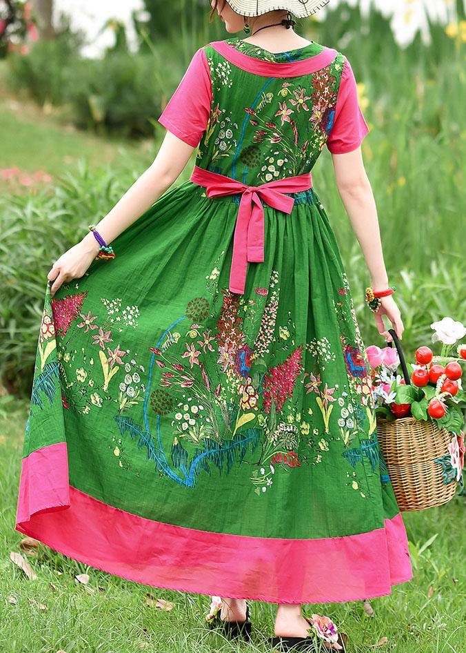 Diy Tie Waist Patchwork Cotton Quilting Dresses Runway Green Print Kaftan Dress Summer