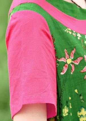 Diy Tie Waist Patchwork Cotton Quilting Dresses Runway Green Print Kaftan Dress Summer