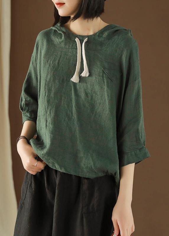 Diy Tunic Top Linen Summer Literary Army Green Hooded Three Quarter Sleeve T-shirt