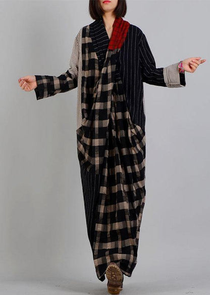 Diy V Neck Patchwork Linen Clothes Black Plaid Dress Fall
