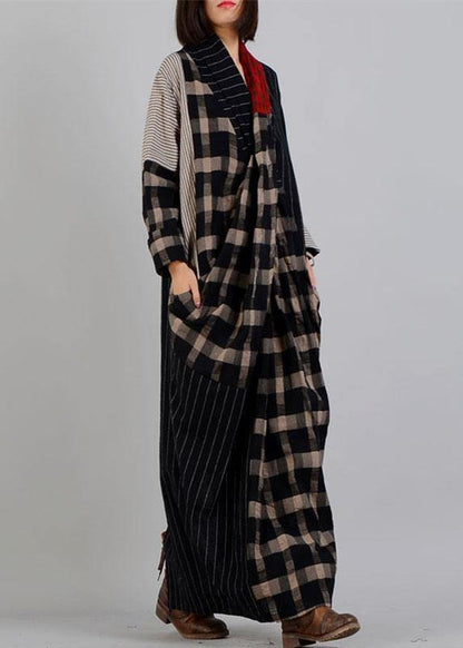 Diy V Neck Patchwork Linen Clothes Black Plaid Dress Fall