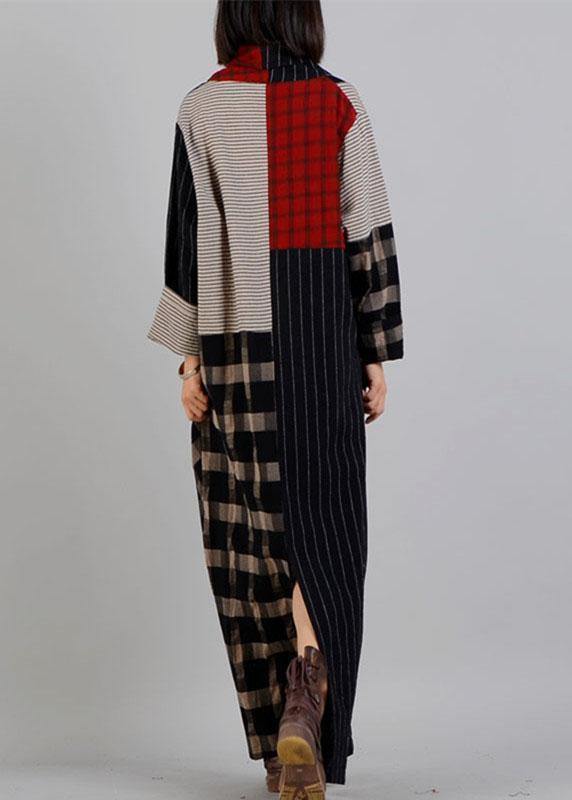 Diy V Neck Patchwork Linen Clothes Black Plaid Dress Fall