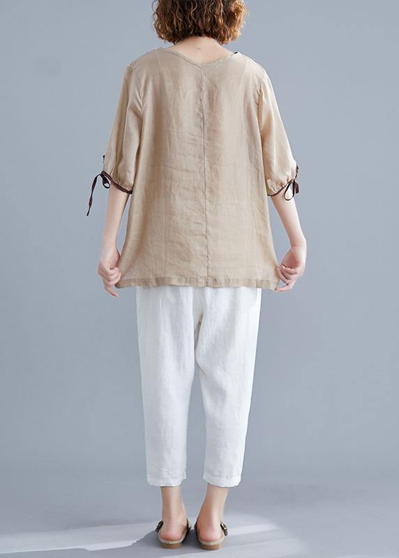 Diy V Neck Side Open Cotton Linen Crane Tops Nude Print Shirts Summer
