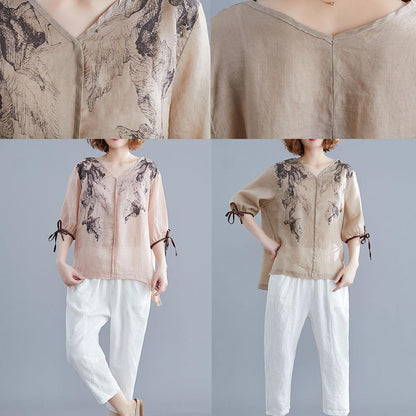 Diy V Neck Side Open Cotton Linen Crane Tops Nude Print Shirts Summer