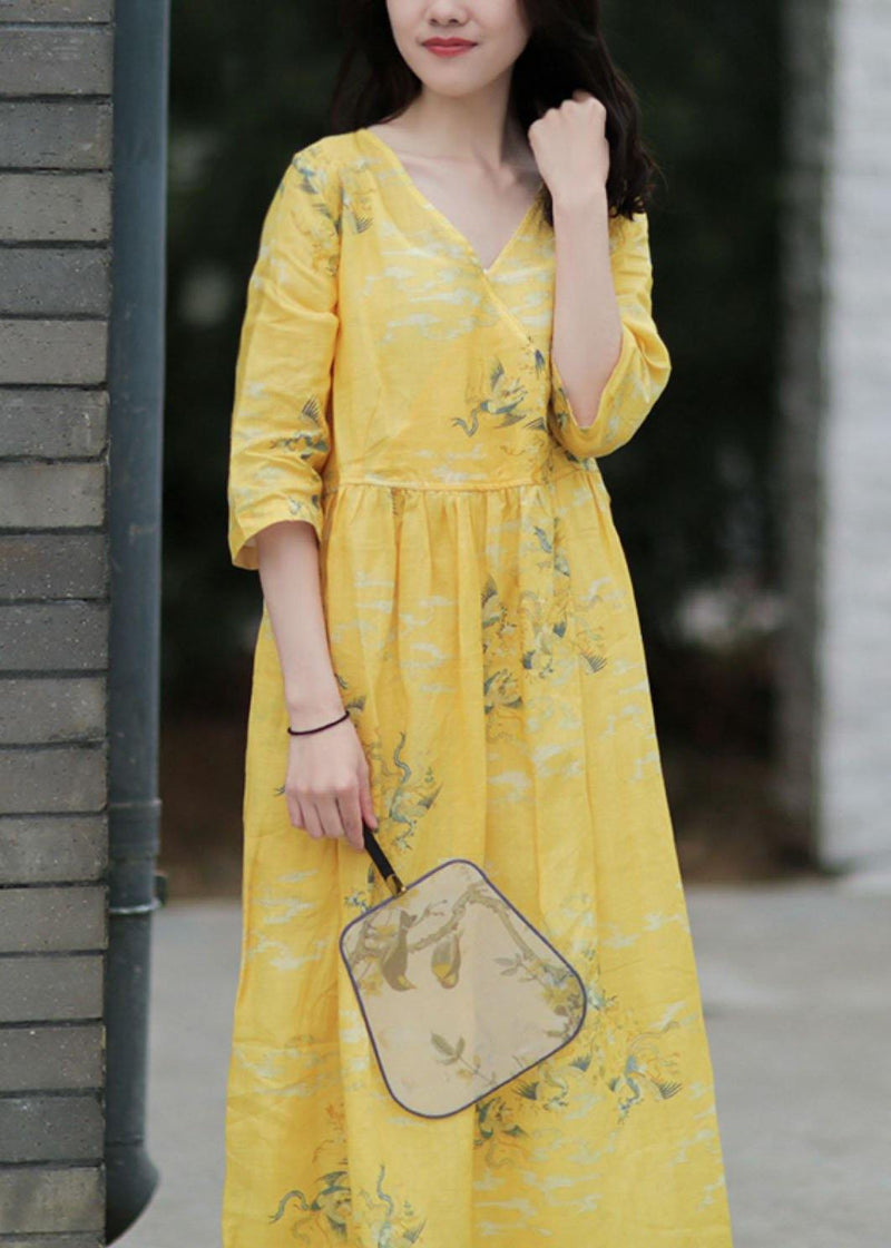 Diy V Neck Tie Waist Linen Summer Dresses Work Yellow Print Dresses