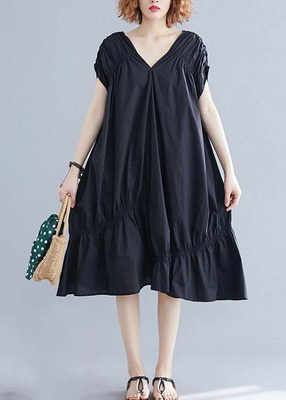 Diy V Neck Cinched Cotton Clothes Shape Black Dresses