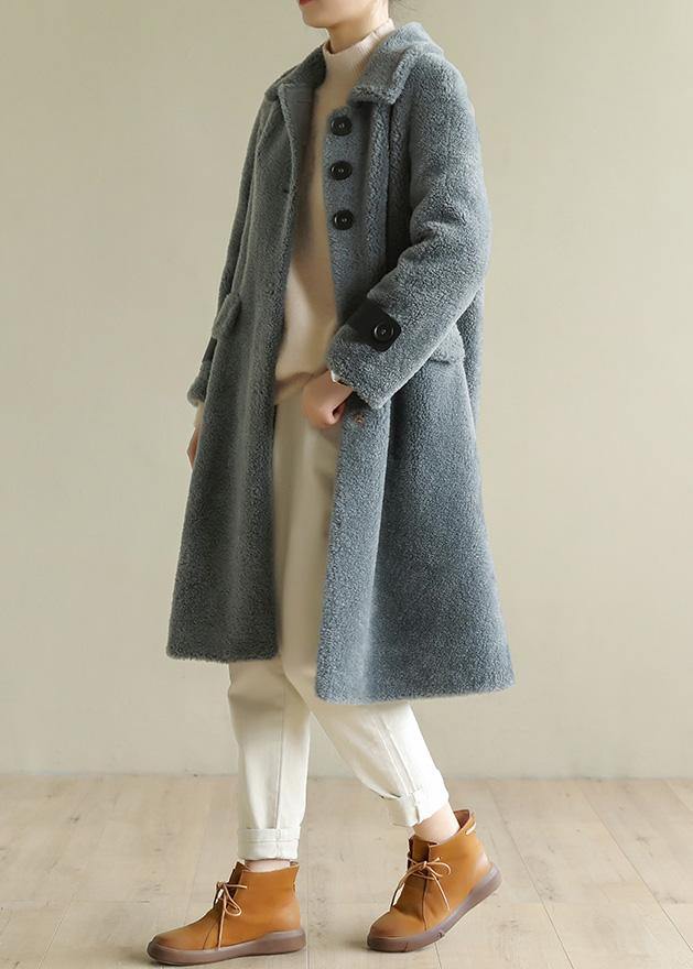 Diy Warm Lapel Collar Tunic Coat Gray Blue Midi Outwears