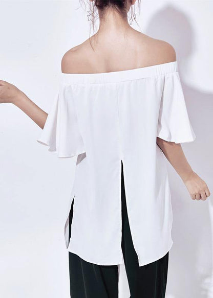 Diy White Chiffon Long Shirts Slash Neck Off the Shoulder Daily Summer Tops