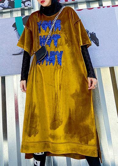 Diy Yellow Cotton Clothes O Neck Sequined Maxi Spring Dress