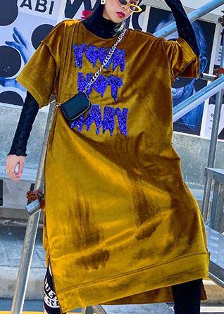 Diy Yellow Cotton Clothes O Neck Sequined Maxi Spring Dress