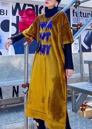 Diy Yellow Cotton Clothes O Neck Sequined Maxi Spring Dress