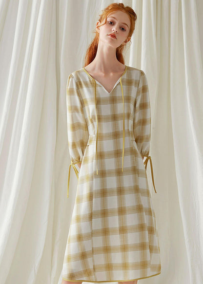 Diy Yellow Plaid Cotton Dresses High Waist Fall Dresses