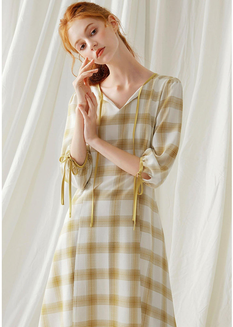 Diy Yellow Plaid Cotton Dresses High Waist Fall Dresses