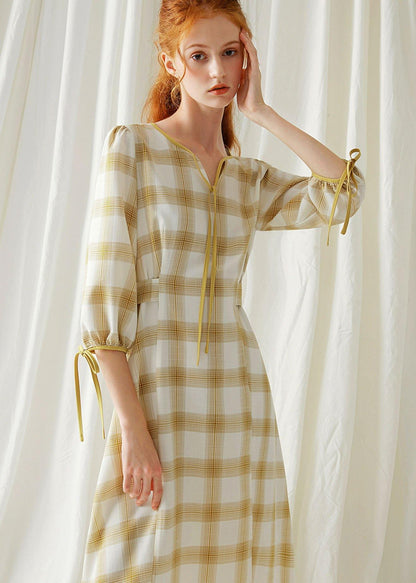 Diy Yellow Plaid Cotton Dresses High Waist Fall Dresses