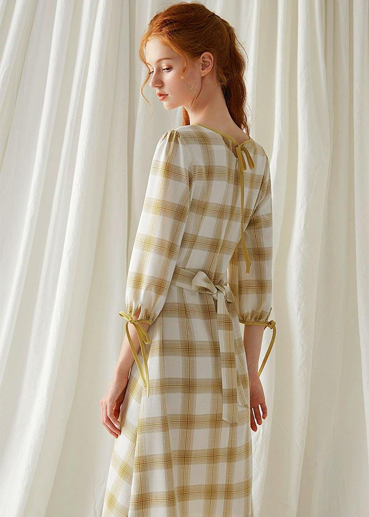Diy Yellow Plaid Cotton Dresses High Waist Fall Dresses