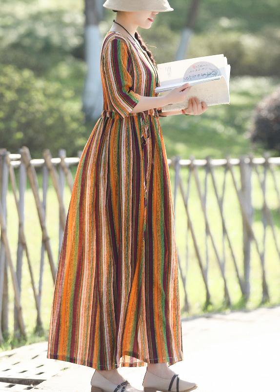 Diy Yellow Striped Cotton Linen Dresses Inspiration O Neck Half Sleeve Clothing Summer Dress