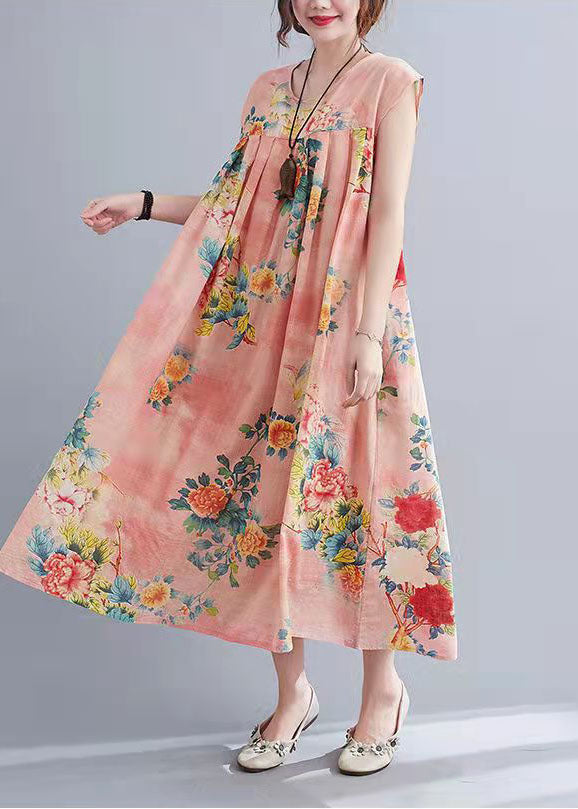 Diy Pink Print Cinched Summer Long Dress