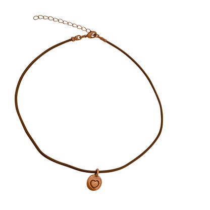 Dragonweave Heart Circle Charm Necklace and Earring Set, Antique Copper Brown Leather Choker and Leverback Earrings