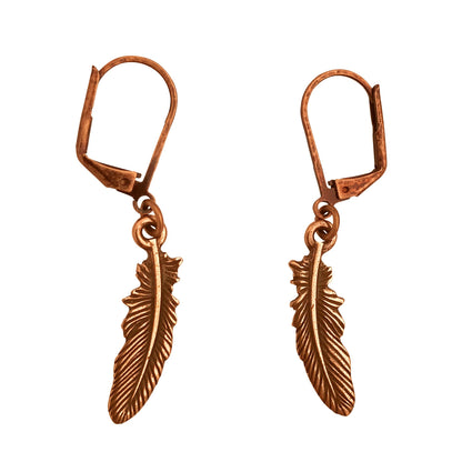 Dragonweave Feather Charm Necklace and Earring Set, Antique Copper Brown Leather Choker and Leverback Earrings