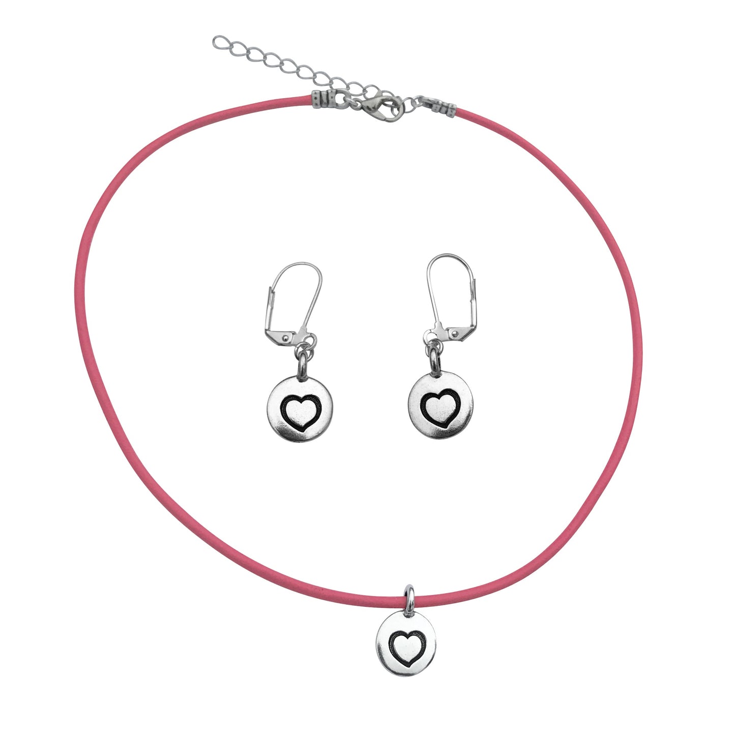Dragonweave Heart Circle Charm Necklace and Earring Set, Silver Plated Pink Leather Choker and Leverback Earrings