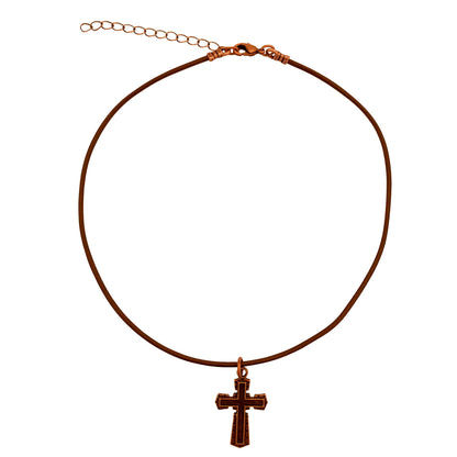 Dragonweave Dark Cross Charm Necklace and Earring Set, Antique Copper Brown Leather Choker and Leverback Earrings