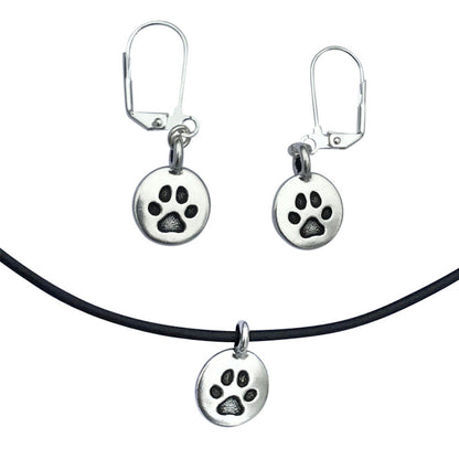 Dragonweave Paw Circle Charm Necklace and Earring Set, Silver Plated Black Leather Choker and Leverback Earrings