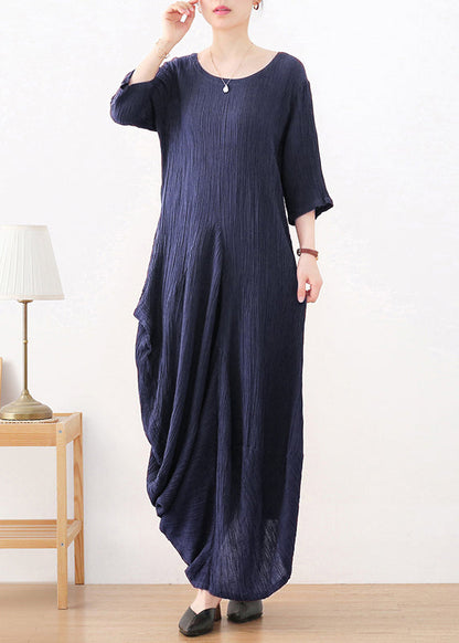 Dark Blue O-neck Asymmetrical Linen Dress Long Sleeve