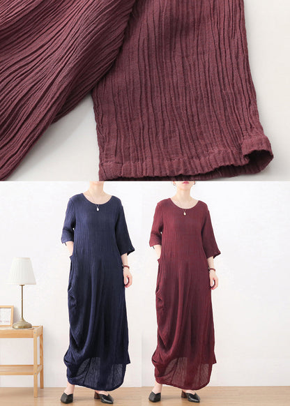Dark Blue O-neck Asymmetrical Linen Dress Long Sleeve