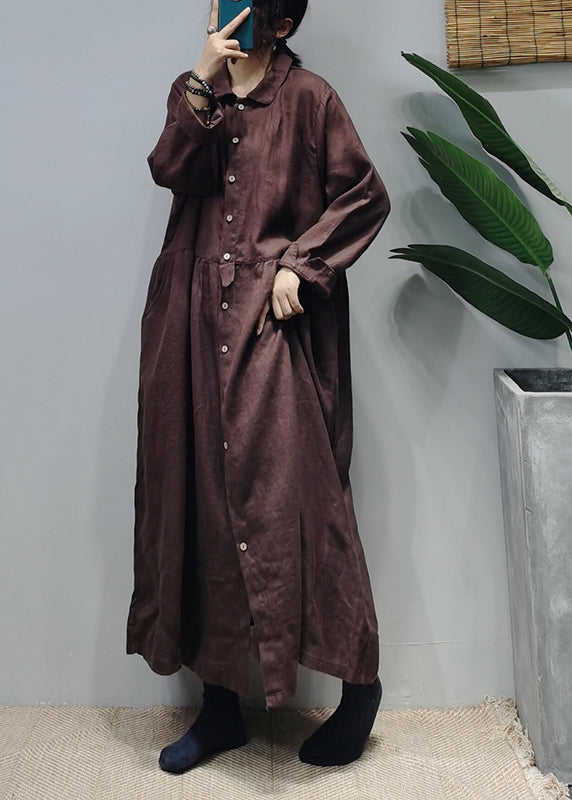 Dark Chocolate Linen Long Dress Cinched Extra Large Hem Long Sleeve