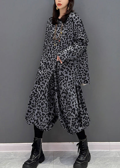 Dark Gray O-neck Asymmetrical Print Top and Harem Pants Two Piece Set Fall