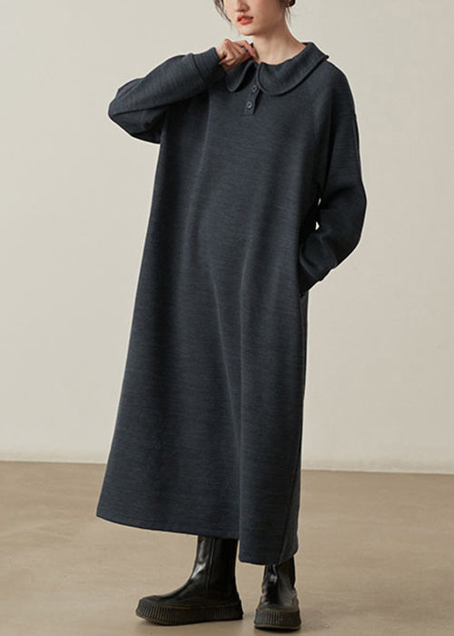 Dark Gray Cotton Knit Dresses Peter Pan Collar Long Sleeve