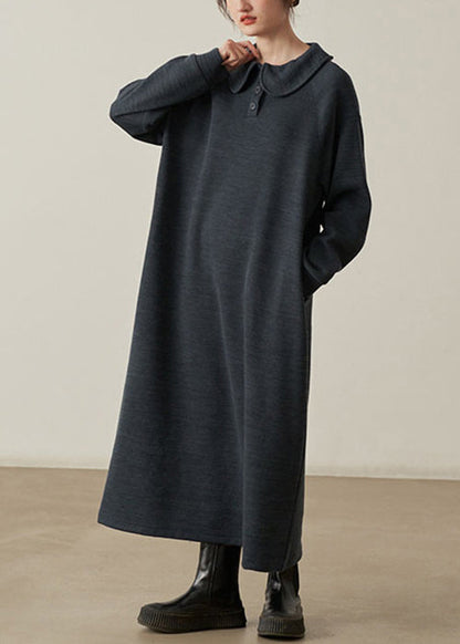 Dark Gray Cotton Knit Dresses Peter Pan Collar Long Sleeve