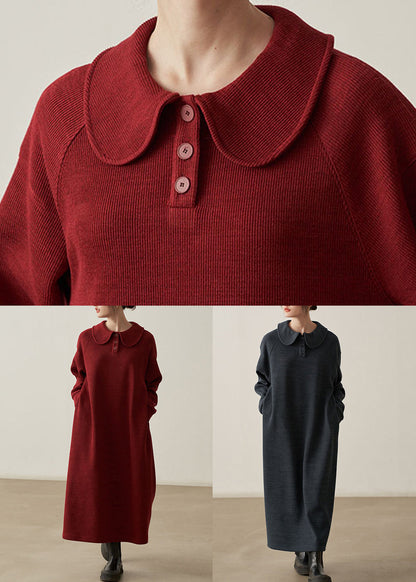 Dark Gray Cotton Knit Dresses Peter Pan Collar Long Sleeve