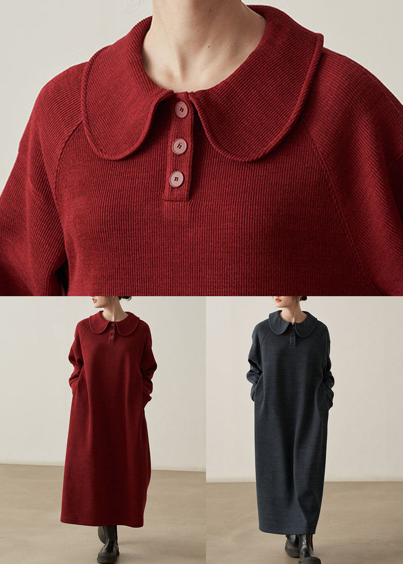 Dark Gray Cotton Knit Dresses Peter Pan Collar Long Sleeve
