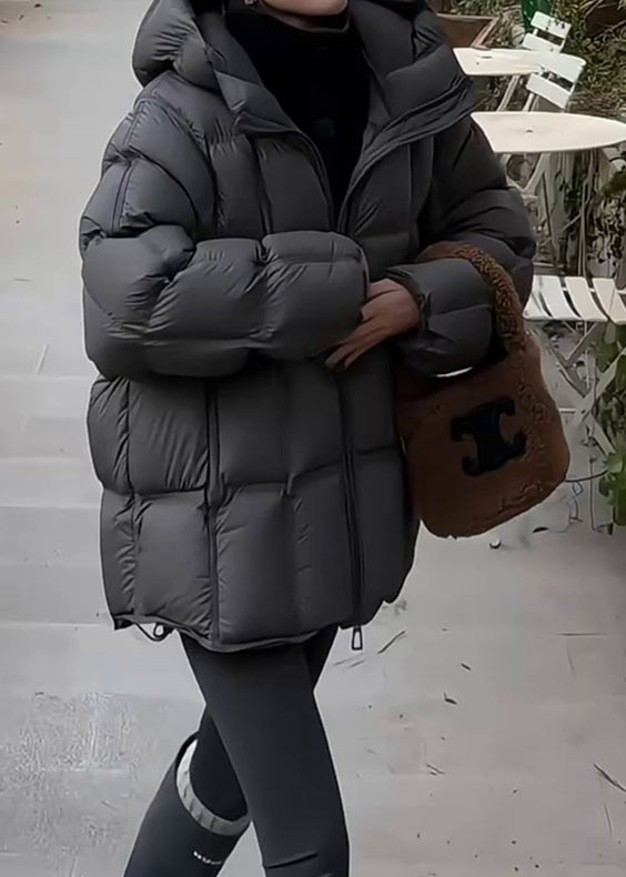 Dark Gray Plaid Drawstring Duck Down Winter Puffer Coat Hooded