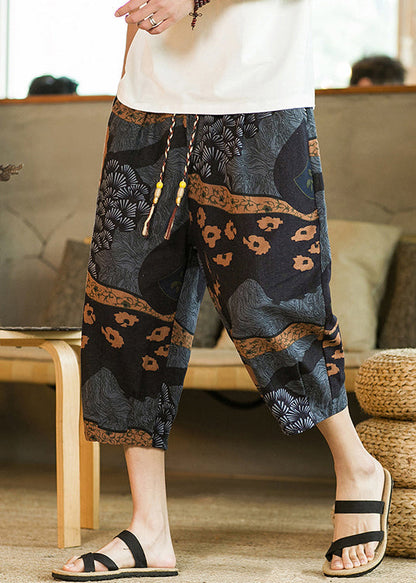 Dark Gray Pockets Cotton Crop Pants Elastic Waist Summer