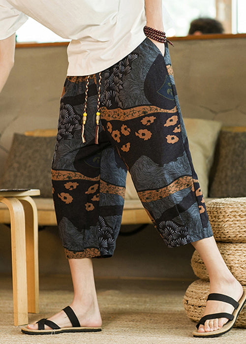 Dark Gray Pockets Cotton Crop Pants Elastic Waist Summer