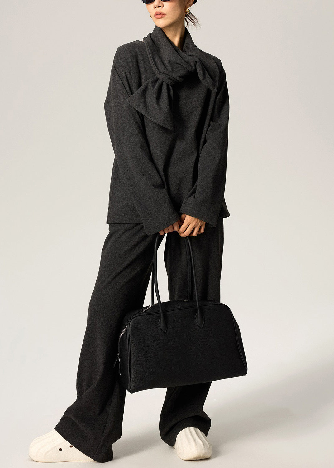 Dark Gray Scarf Tops and Pants Cotton Spring Three Pieces Set V Neck