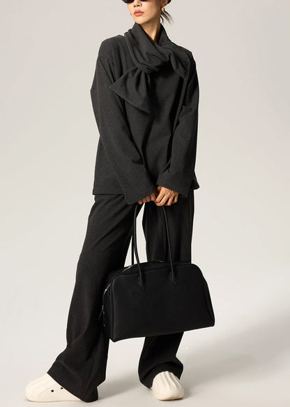 Dark Gray Scarf Tops and Pants Cotton Spring Three Pieces Set V Neck