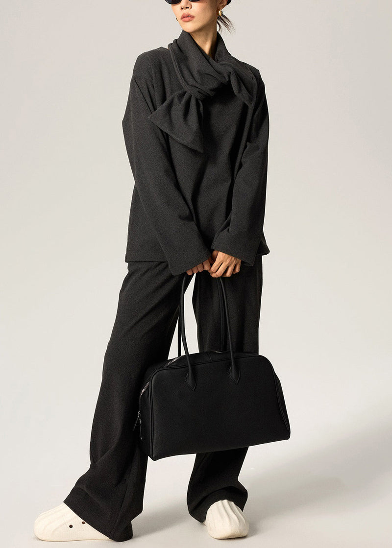 Dark Gray Scarf Tops and Pants Cotton Spring Three Pieces Set V Neck