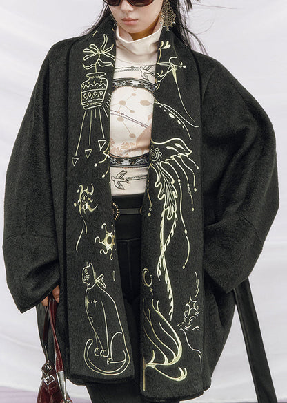 Dark Gray Tie Waist Pockets Woolen Coats Embroidered